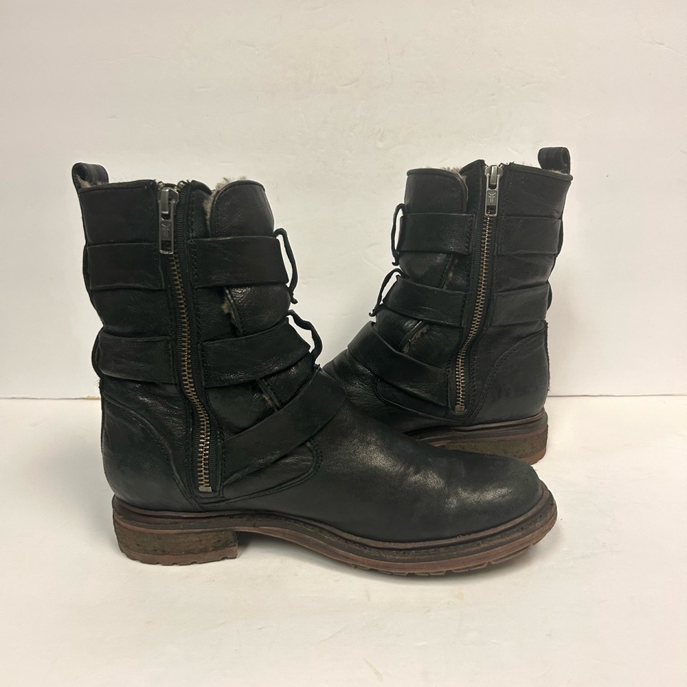Frye Boots Valerie Women's Strappy Sz 6 Black Leather Shearling Moto Buckle - Picture 12 of 16